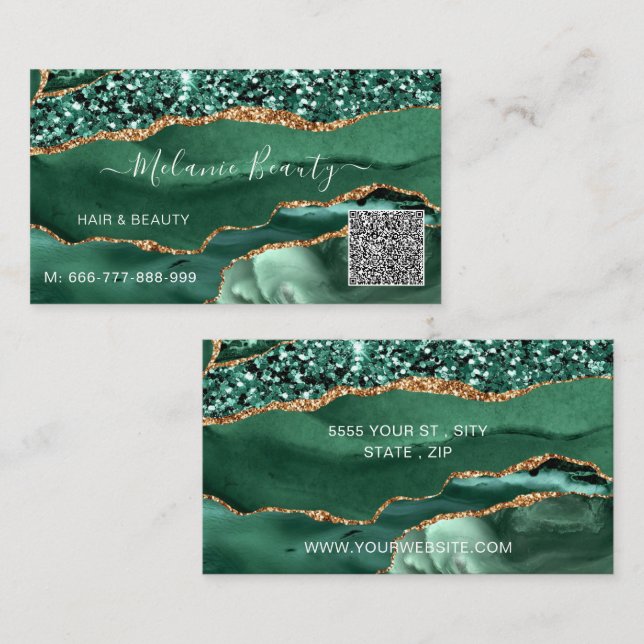 De Visite Agate Green Gold Parties scintillant QR Code Carte (Devant / Derrière)