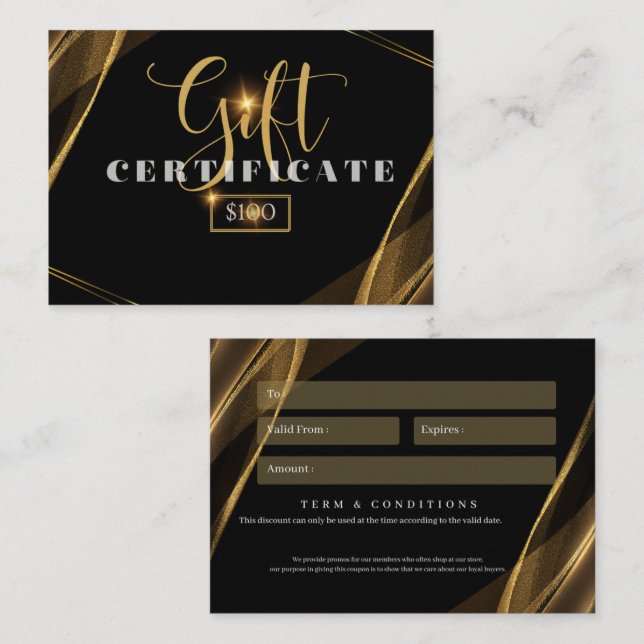 De Visite carte cadeau d'affaires 100 $ (Devant / Derrière)