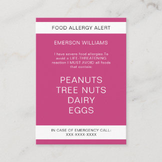De Visite Carte Chef personnalisée Alerte d'allergie aliment