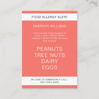 De Visite Carte Chef personnalisée Alerte d'allergie aliment