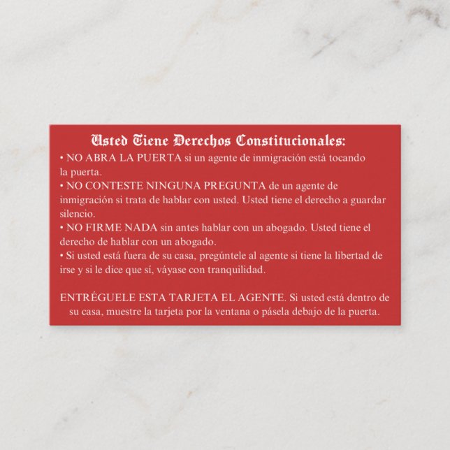 De Visite Carte rouge espagnole - Carte des droits d'immigra (Devant)