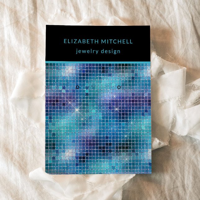 De Visite Glam Retro Blue Disco | Carte d'affichage à oreill (A glam, disco inspired earring display card in blue, turquoise, and black)
