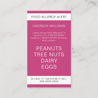 De Visite Pink Food Allergy Alert Carte Chef personnalisée