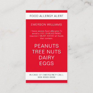 De Visite Red Food Allergy Alert Carte Chef personnalisée