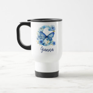 De Voyage 15 oz Floral Blue Monogrammed Travel Mug