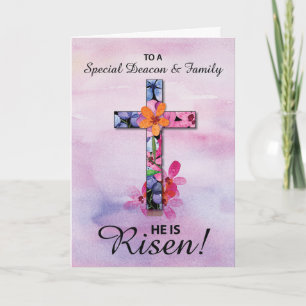 Deacon and Family Easter He is Risen Cross Flowers Card
