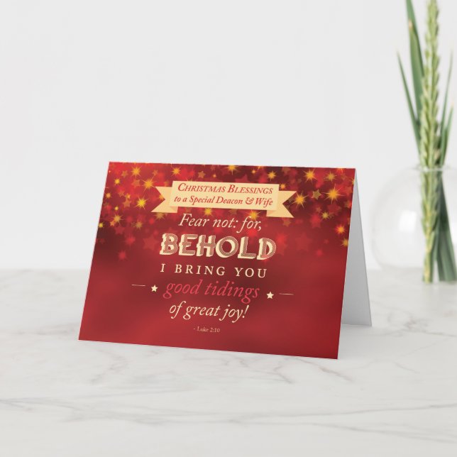 Deacon and Wife Christmas Blessings Red, Gold Star Holiday Card (Front)