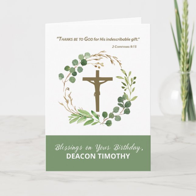 Deacon Birthday Thanks be To God Greenery Wreath Card (Front)