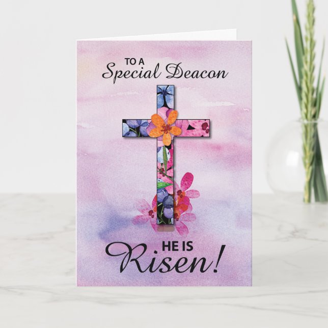 Deacon Easter He is Risen Cross Watercolor Flowers Card (Front)