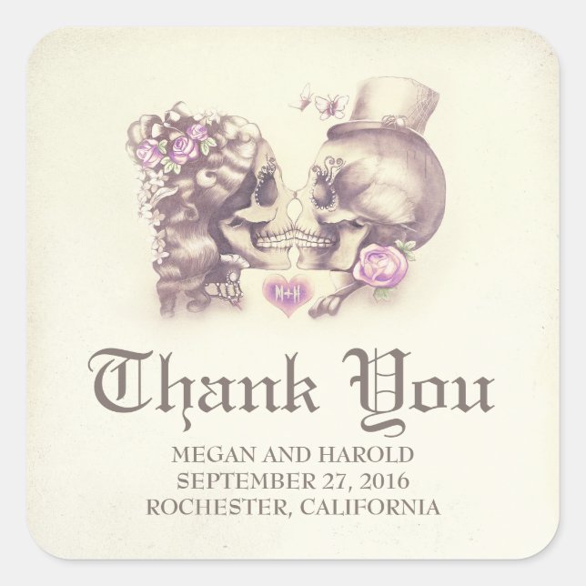 Dead and Nice Skull Couple Wedding Thank You Square Sticker (Front)