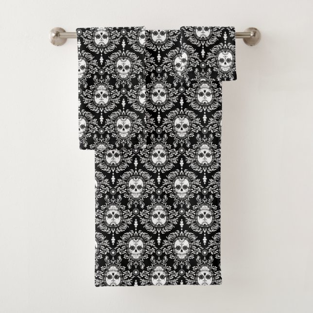 Dead Damask Black & White Sugar Skull Bath Set (Insitu)