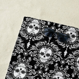 Dead Damask Black & White Sugar Skulls Pattern Beach Towel