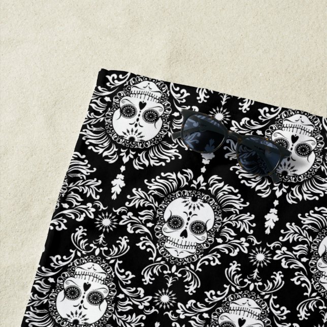 Dead Damask Black & White Sugar Skulls Pattern Beach Towel (In Situ)