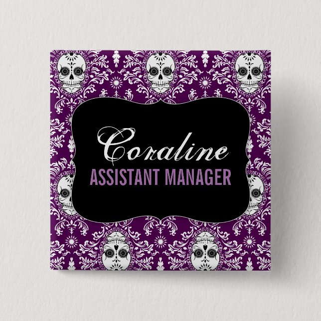 Dead Damask - Custom Sugar Skulls Name Badge 2 Inch Square Button (Front)