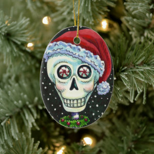 DEAD HEAD SANTA SKULL, CHRISTMAS SKELETON HUMOR CERAMIC ORNAMENT