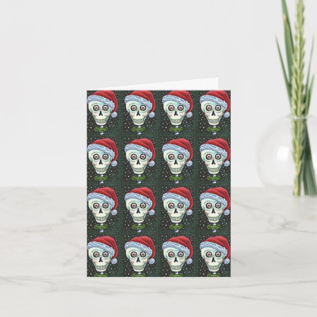 DEAD HEAD SANTA SKULL, CHRISTMAS SKELETON HUMOR HOLIDAY CARD (Front)