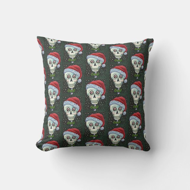 DEAD HEAD SANTA SKULL, CHRISTMAS SKELETON HUMOR THROW PILLOW (Front)