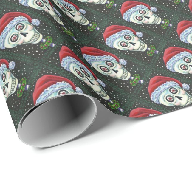 DEAD HEAD SANTA SKULL, CHRISTMAS SKELETON HUMOR WRAPPING PAPER (Roll Corner)