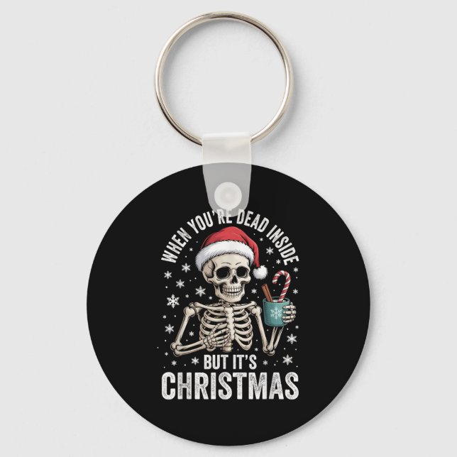 Dead Inside But It's Christmas Skeleton Coffee San Keychain (Front)