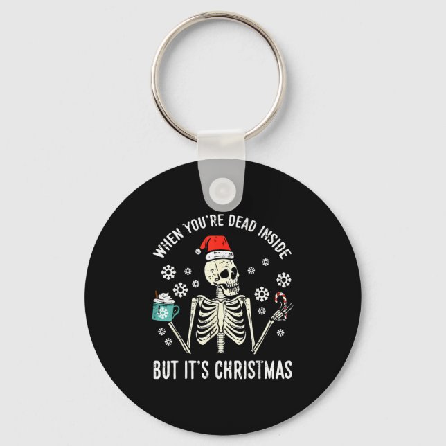 Dead Inside But Its Christmas Skeleton Coffee Xmas Keychain (Front)