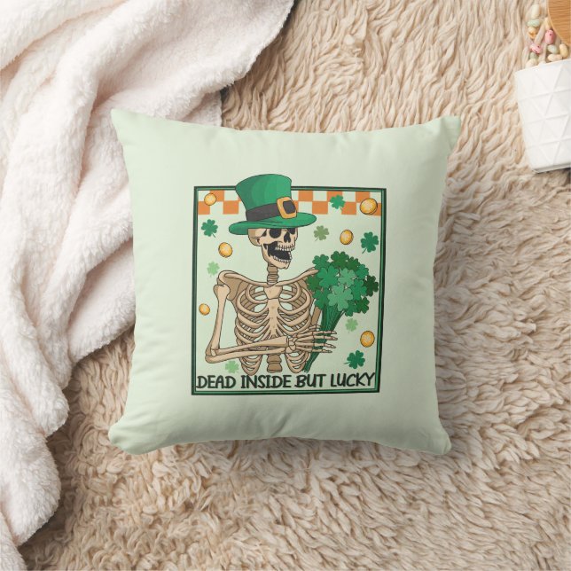 Dead Inside But Lucky - Skeleton Leprechaun Throw Pillow (Blanket)