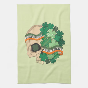 Dead Inside But Lucky - Sugar Skull and Clover Kitchen Towel