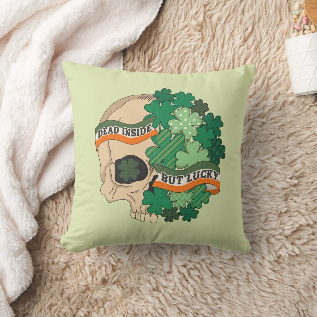 Dead Inside But Lucky - Sugar Skull and Clover Throw Pillow (Blanket)