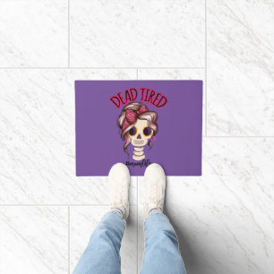 Dead Tired Mom Life Skeleton Messy Bun Bandana Doormat