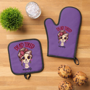 Dead Tired Mom Life Skeleton Messy Bun Bandana Oven Mitt & Pot Holder Set