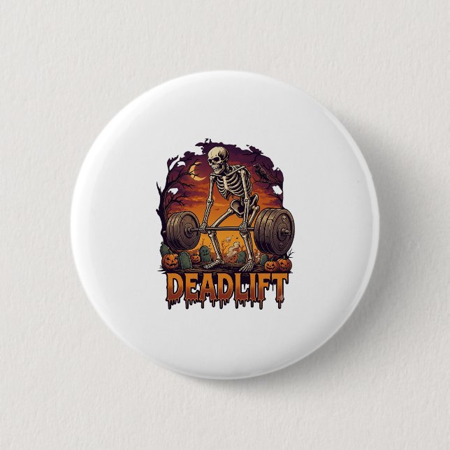 Deadlift Skeleton Barbell Halloween Pumpkins Grave 2 Inch Round Button (Front)