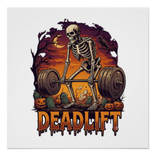 Deadlift Skeleton Barbell Halloween Pumpkins Grave Poster