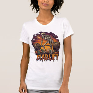 Deadlift Skeleton Barbell Halloween Pumpkins Grave T-Shirt