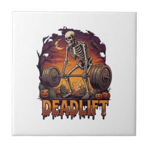 Deadlift Skeleton Barbell Halloween Pumpkins Grave Tile