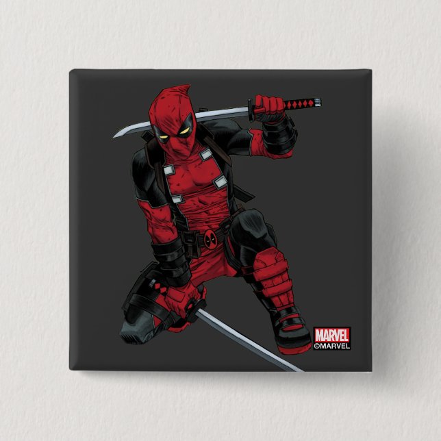 Deadpool Kneeling With Swords 2 Inch Square Button (Front)