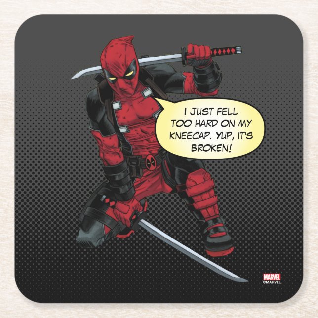 Deadpool Kneeling With Swords Square Paper Coaster (Front)