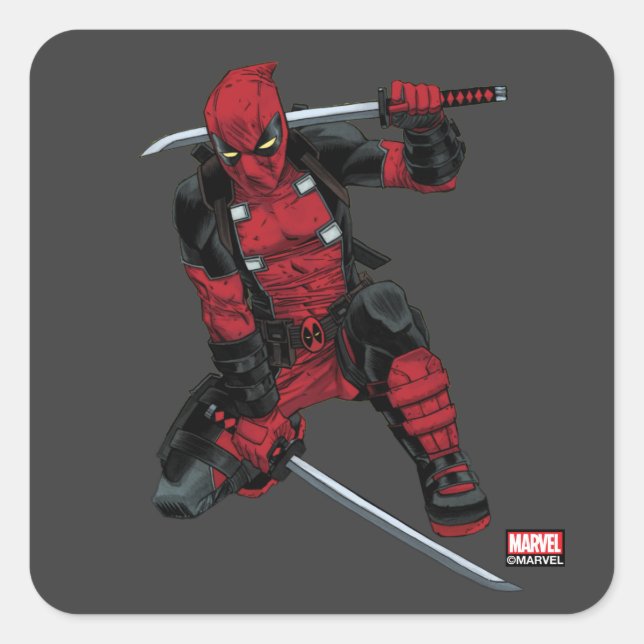 Deadpool Kneeling With Swords Square Sticker (Front)