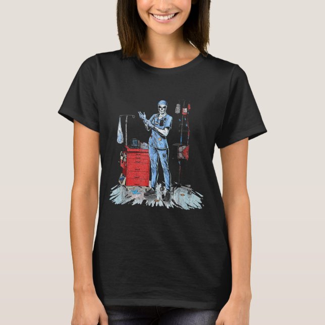 Deadside Nurse Blue Scrubs Funny Skeleton Doctor M T-Shirt (Front)