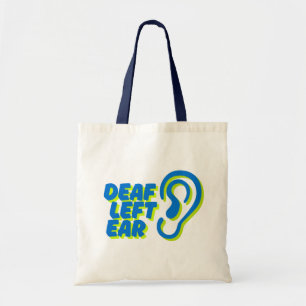 deaf left ear white background tote bag