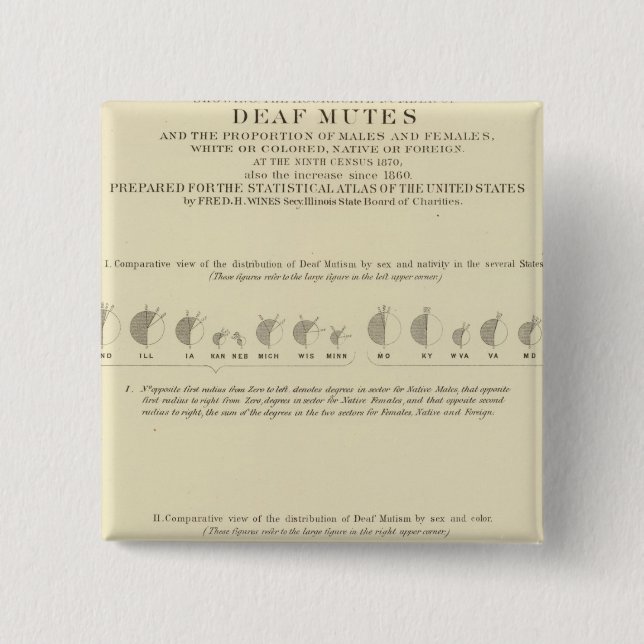 Deaf Mutes, Statistical US Lithograph 1870 2 Inch Square Button (Front)