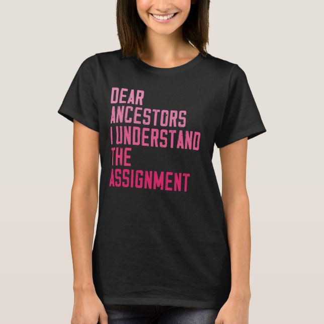 Dear Ancestors I Understand The Assignment funny q T-Shirt (Front)
