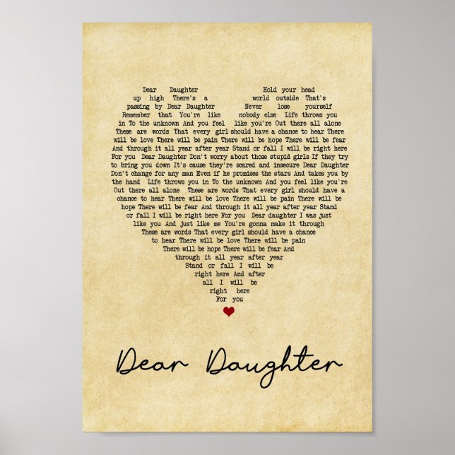 Dear Daughter Vintage Heart Song Lyric Print (Front)