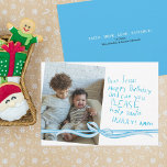 "Dear Jesus" Blue Crayon note Photo Christmas Card<br><div class="desc">Capture the magic of Christmas through the eyes of a child with the "Dear Jesus Photo Christmas Card." This heartwarming card features a photo of your anxious child eagerly awaiting the arrival of Christmas, accompanied by a handwritten note in crayon addressed to Jesus. The child's birthday wish for the Saviour...</div>