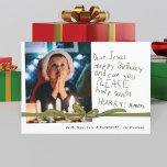 Dear Jesus Olive Crayon note Photo Christmas Card<br><div class="desc">Capture the magic of Christmas through the eyes of a child with the "Dear Jesus Photo Christmas Card." This heartwarming card features a photo of your anxious child eagerly awaiting the arrival of Christmas, accompanied by a handwritten note in crayon addressed to Jesus. The child's birthday wish for the Saviour...</div>