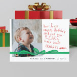 "Dear Jesus" Red Crayon note Photo Christmas Card<br><div class="desc">Capture the magic of Christmas through the eyes of a child with the "Dear Jesus Photo Christmas Card." This heartwarming card features a photo of your anxious child eagerly awaiting the arrival of Christmas, accompanied by a handwritten note in crayon addressed to Jesus. The child's birthday wish for the Saviour...</div>