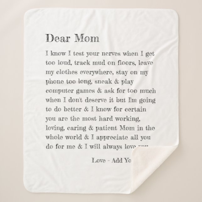 Dear Mom Letter Typography Personalized Sherpa Blanket (Front)