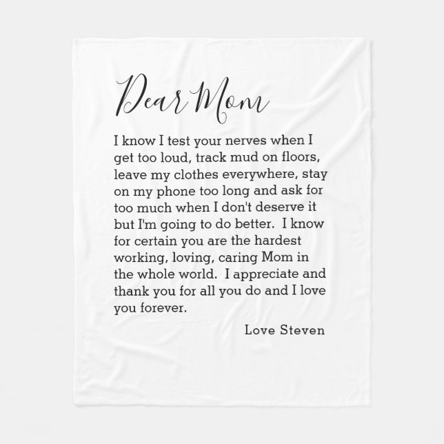Dear Mom Love Letter From Teen Child Personalized  Fleece Blanket (Front)