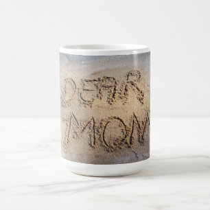 Dear Mom, sand writing beach love mug
