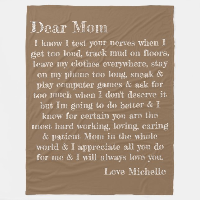 Dear Mom Typography Letter Beige Personalized Fleece Blanket (Front)