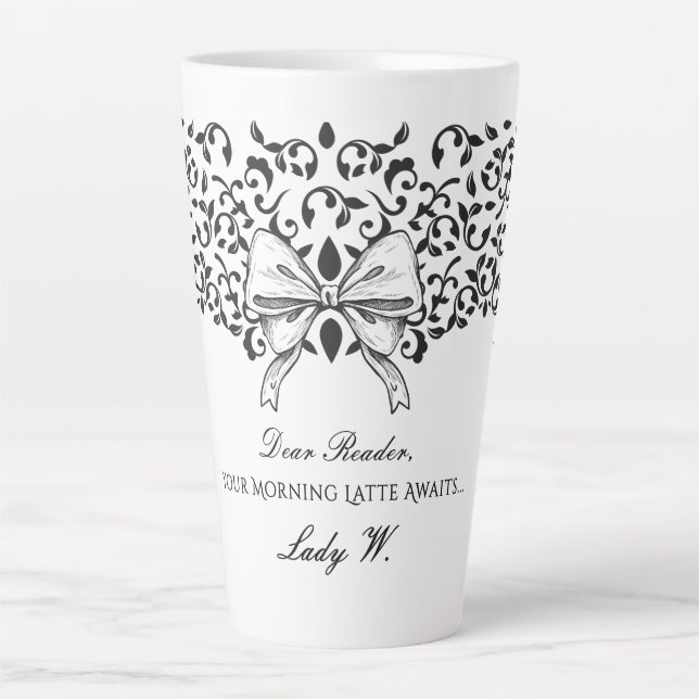 Dear Reader Regencycore Bow Ornate Floral Script Latte Mug (Front)