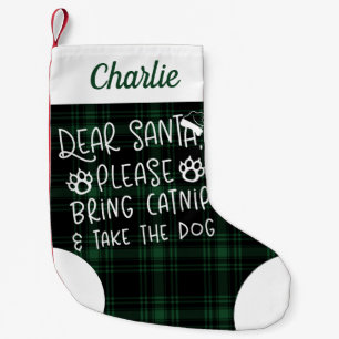 Dear Santa Bring Catnip Green Plaid Funny Cat Small Christmas Stocking